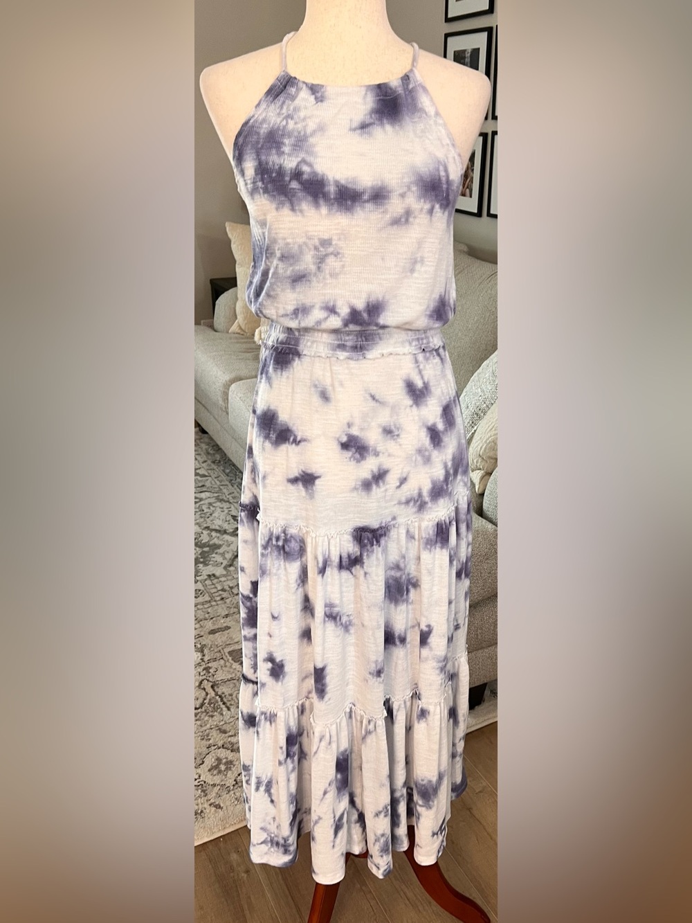 Z Supply Beverly Blue White Tie Dye Halter Smocked Tiered Maxi Dress Size XS